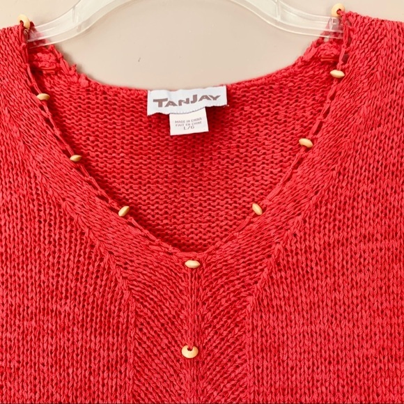 TanJay Coral Open Weave With Beading Detail V-Neck Sweater Women's Size Large - Picture 6 of 14